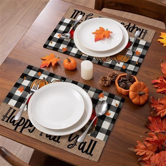 Set of 4 Fall Watercolor Buffalo Plaid Placemats Farmhouse Cow Truck Placemats - Picture 3 of 6